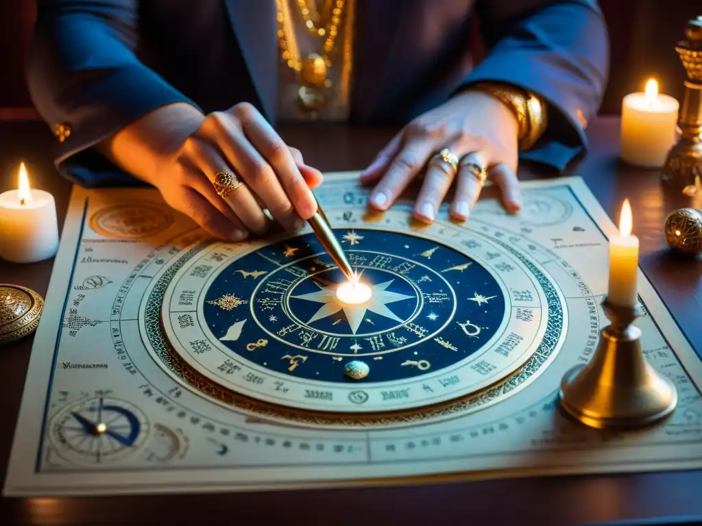 Manos expertas en astrología avanzada conectan cosmos en lectura mística de cartas astrales