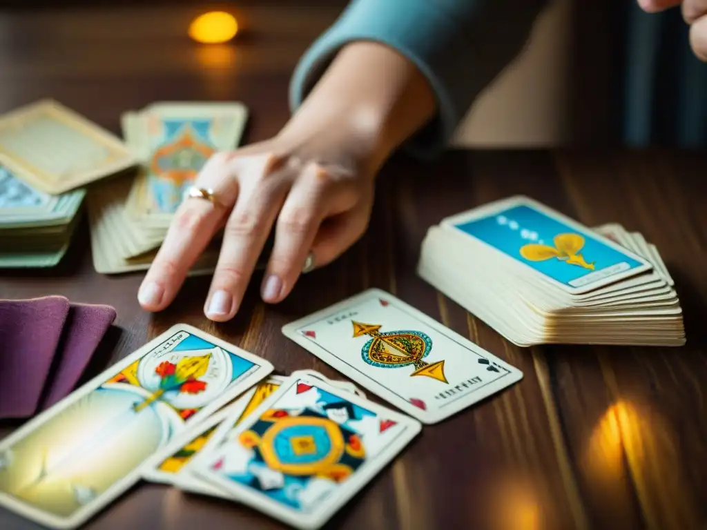 Manos expertas barajando cartas de tarot en mesa de madera