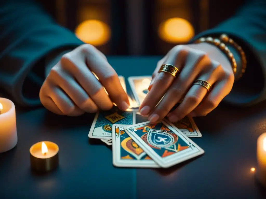 Manos expertas mezclando cartas de Tarot, detalle de símbolos místicos