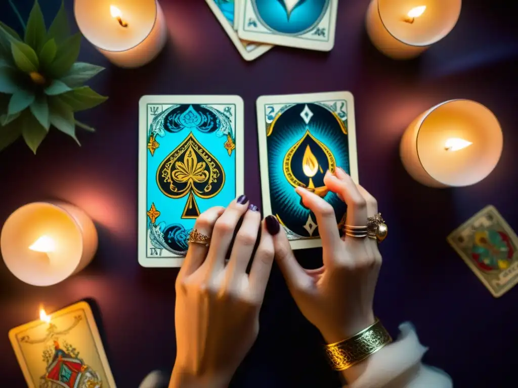 Manos mágicas barajando misteriosas cartas de tarot en ambiente encantado Manos expertas barajando misterioso tarot en decisiones importantes