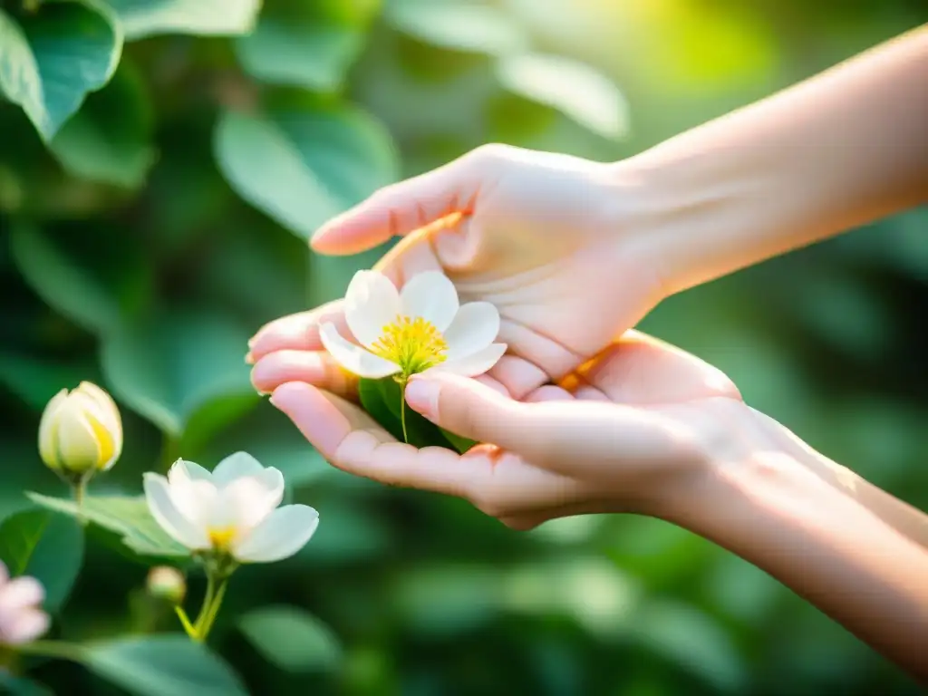 Manos femeninas recolectando delicadas flores de Bach en un jardín sereno, mostrando el cuidado y la belleza, influencia de las sociedades secretas