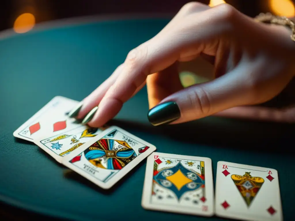 Manos femeninas expertas barajando cartas de Tarot en ambiente místico, herramienta crecimiento personal