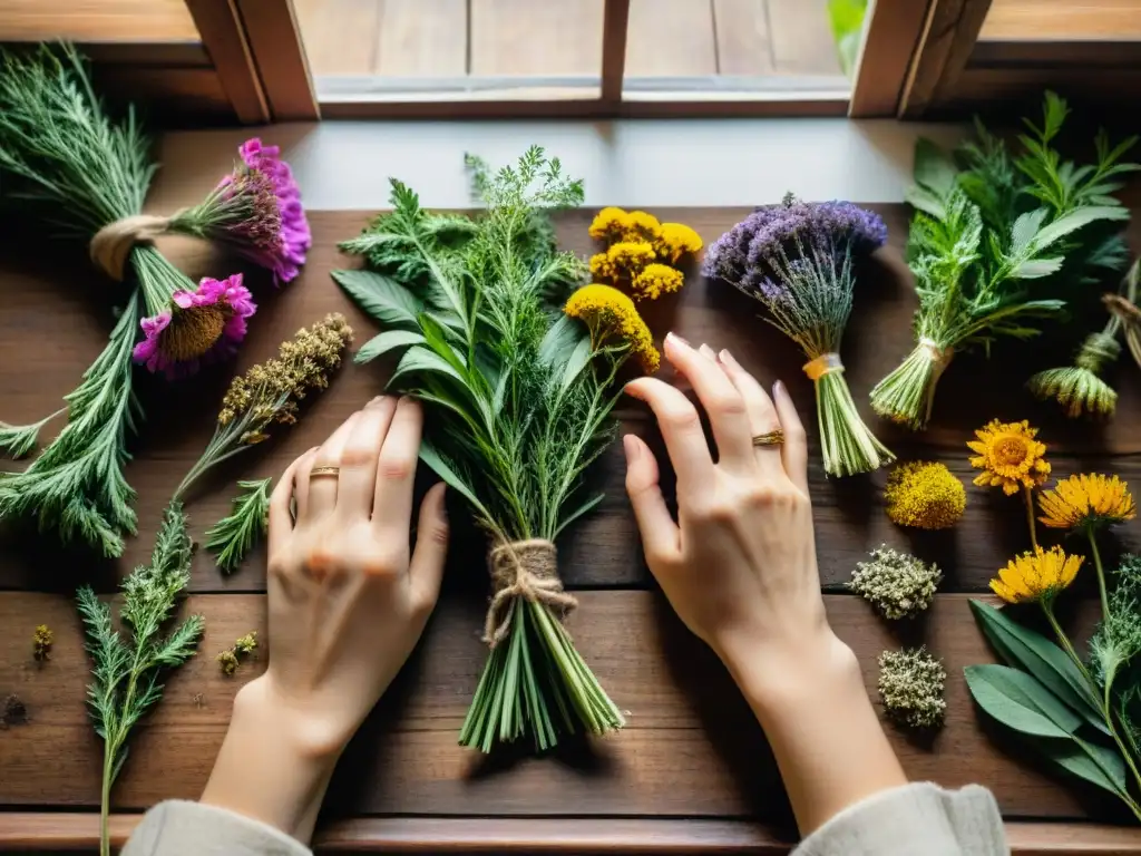 Manos seleccionando hierbas secas y flores en mesa rústica iluminada con luz natural