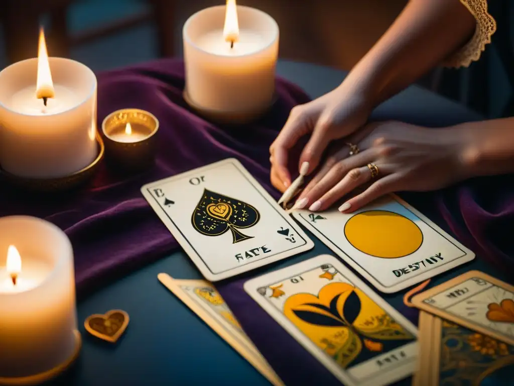 Las manos de una lectora de tarot colocan dos cartas, una de amor y otra de destino, en una mesa iluminada por velas, creando un ambiente misterioso y cautivador