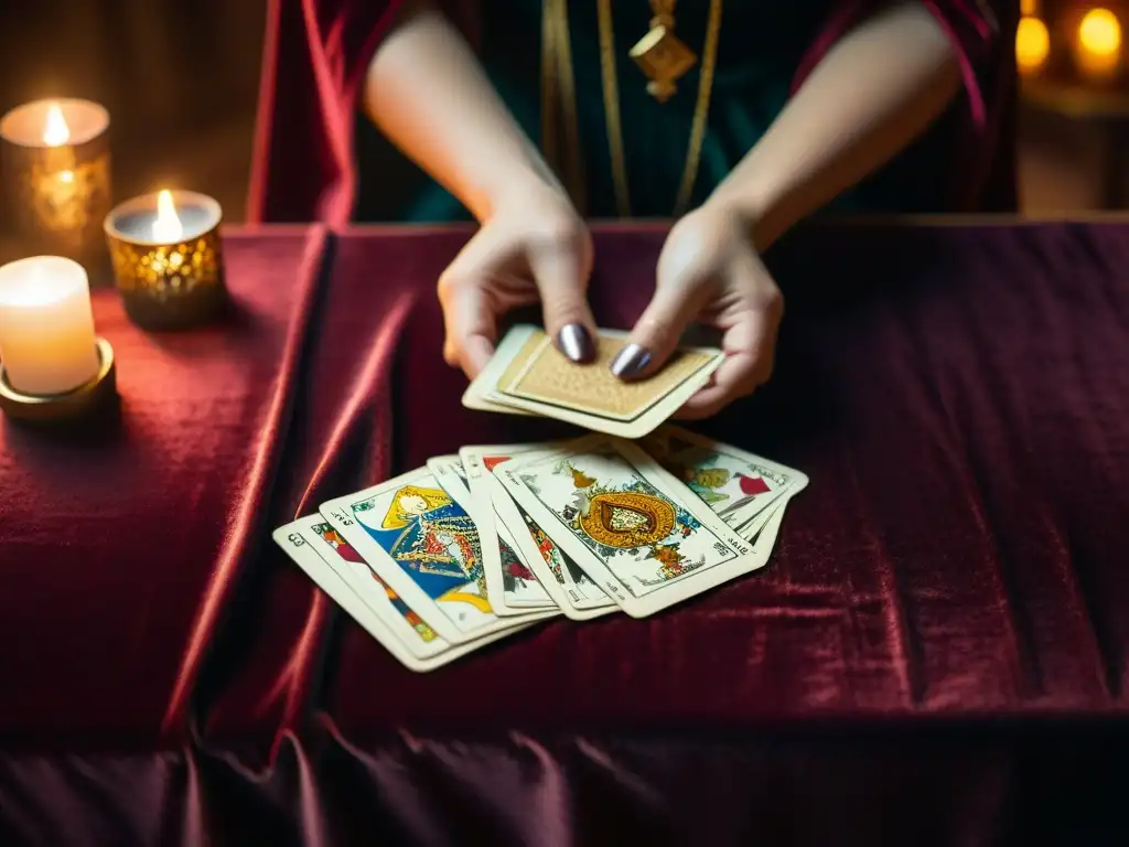 Manos de tarotista en acción: lectura mística detallada Manos de lectora de tarot colocando cartas sobre terciopelo, en ambiente místico y acogedor, expresión concentrada