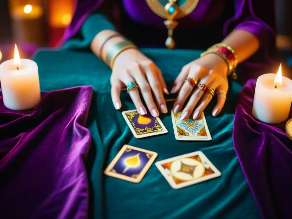 Manos de lectora de tarot profesional colocando cartas coloridas en mesa de terciopelo, con símbolos místicos y ambiente misterioso con velas