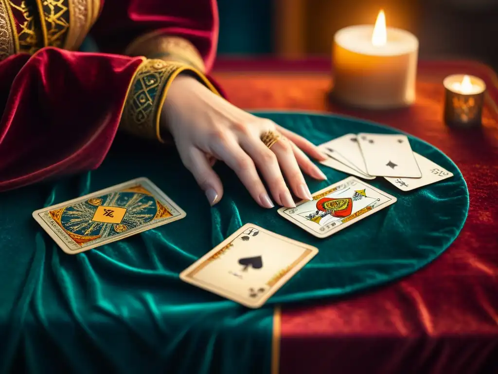 Las manos de una lectora de tarot profesional volteando las cartas sobre un mantel de terciopelo, con una luz cálida iluminando la escena