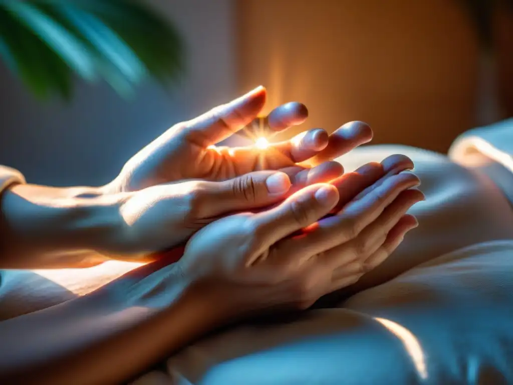 Sanación con Reiki: Energía y Paz en tus Manos Manos de luz y sanación en Reiki sobre espalda, con atmósfera de paz y serenidad