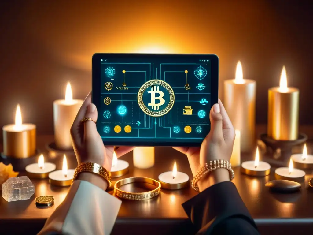 Manos de mago sostienen tablet con gráfico criptomonedas, rodeadas de velas y símbolos místicos