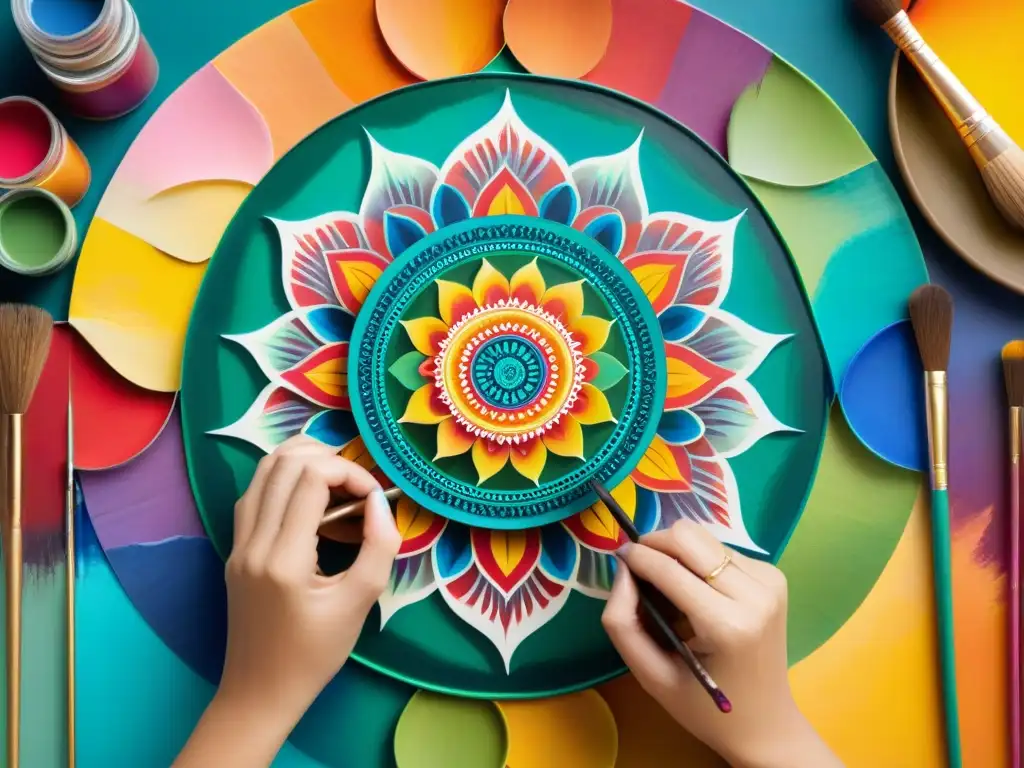 Manos pintando un mandala detallado con colores vibrantes, representando la influencia de símbolos sagrados en la vida cotidiana