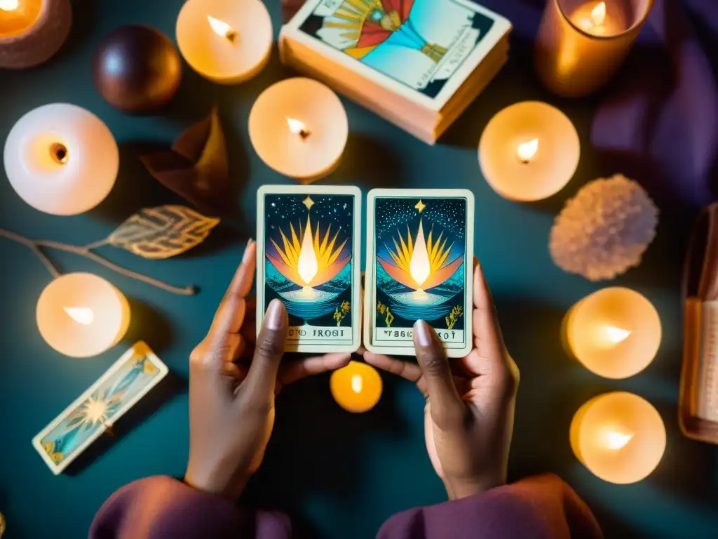 Unas manos sostienen un mazo de Tarot con ilustraciones detalladas, rodeadas de cristales y luz de velas, en un ambiente tranquilo