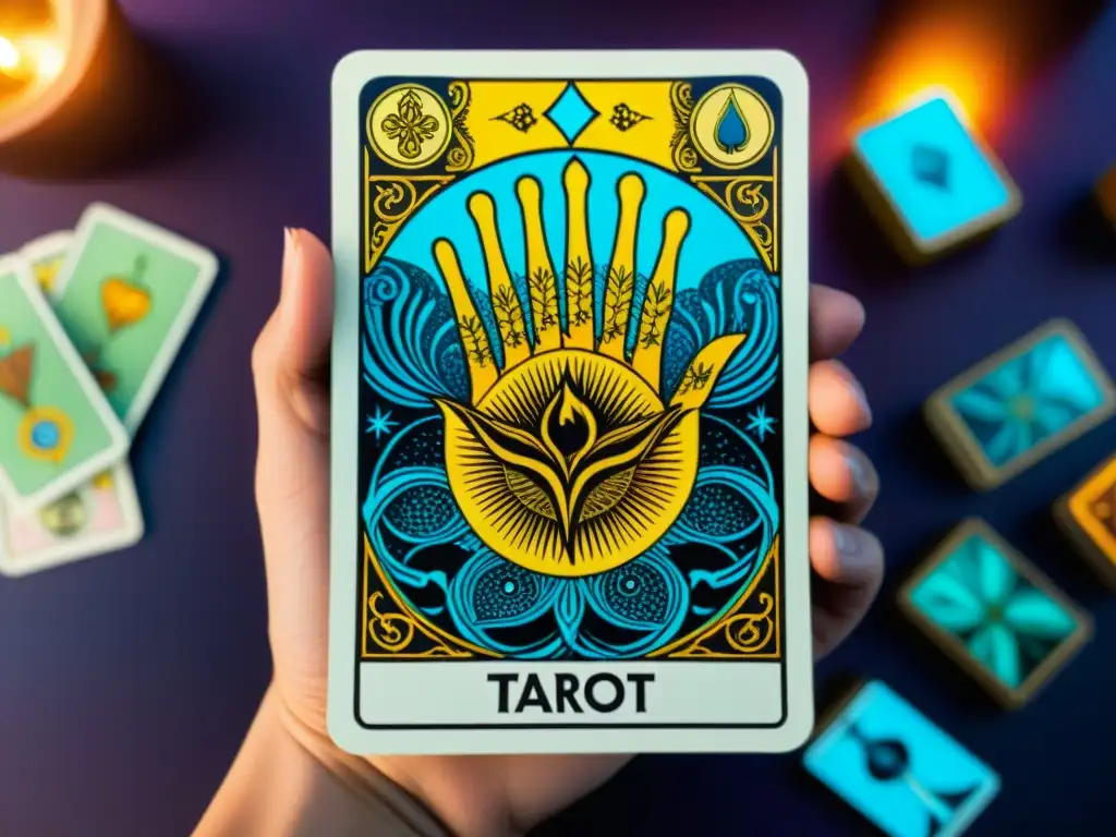 Manos mezclando las mejores barajas tarot energía con diseños vibrantes y espirituales