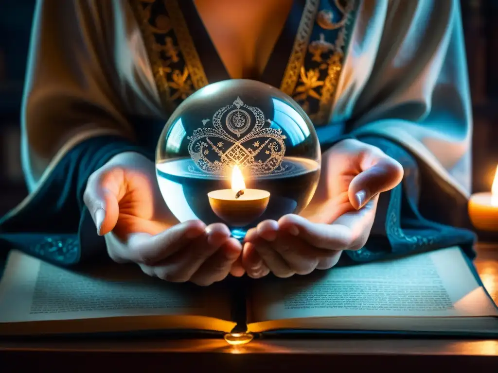 Manos místicas sostienen cristal: ritual zodiacal Unas manos misteriosas adornadas con símbolos sostienen una bola de cristal en una habitación llena de magia