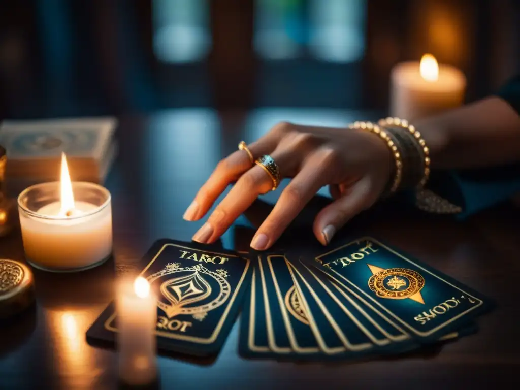 Unas manos barajan misteriosas cartas de tarot en un ambiente esotérico