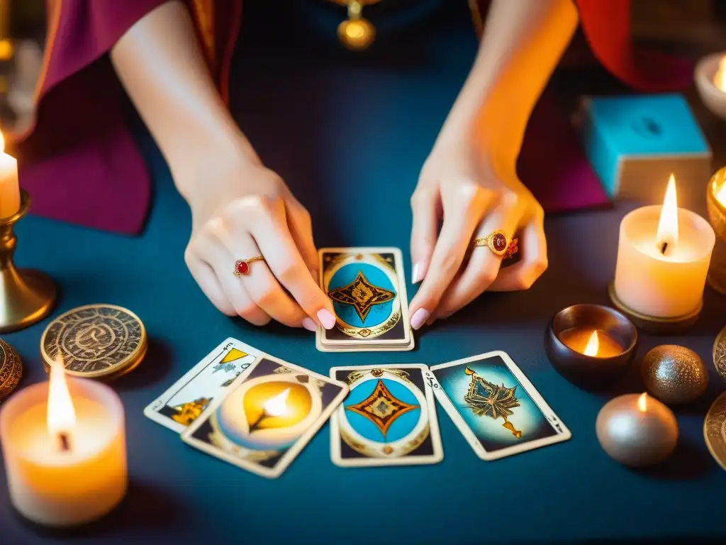 Manos místicas barajando cartas de Tarot en un ambiente ritual con símbolos vibrantes