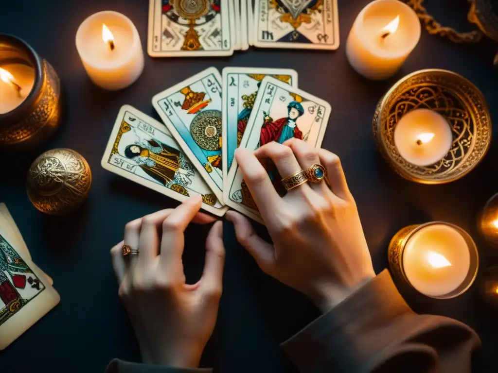 Manos místicas barajan cartas de tarot, potenciando lecturas con magia en ambiente encantador