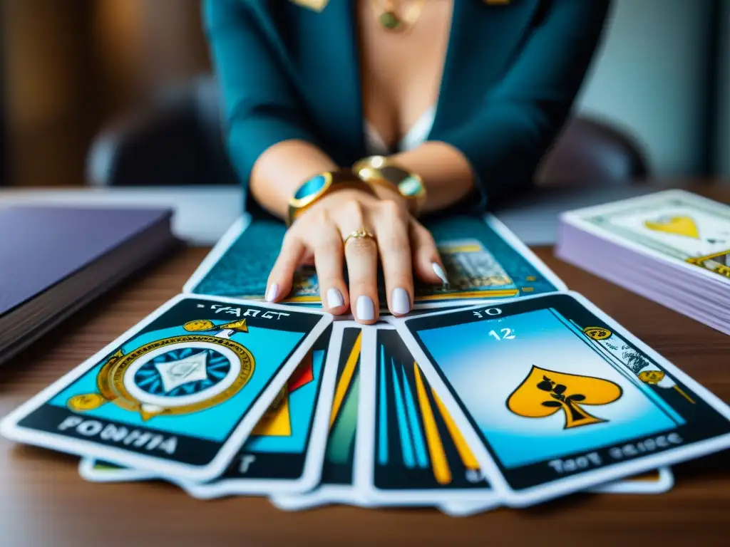 Manos de tarot en el mundo empresarial Manos de mujer con tarot en mesa de reuniones, símbolos de éxito y un ambiente de oficina