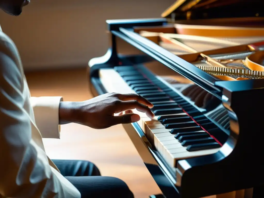 Las manos de un músico tocando un piano de cola, transmitiendo la pasión y destreza en la composición musical