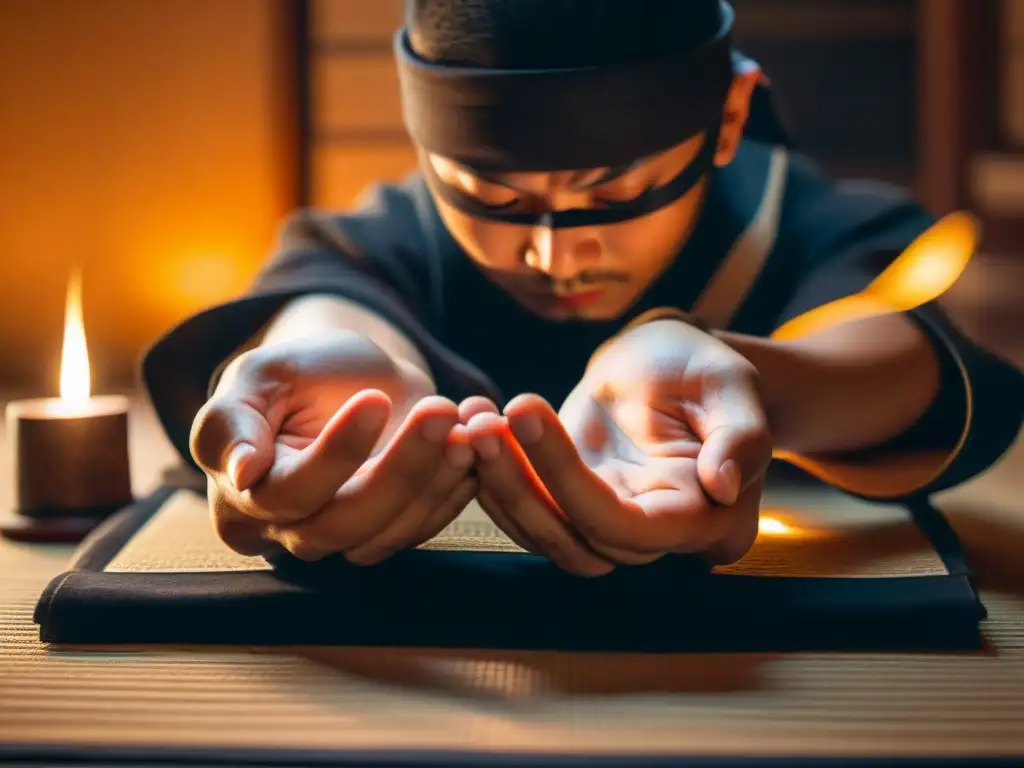 Manos de ninja en mudras, luz de velas en sala japonesa