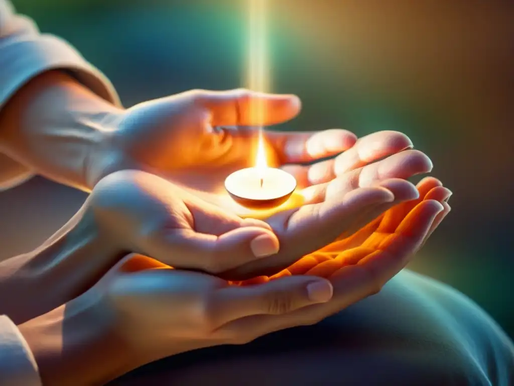 Sanación con Reiki: Energía y Paz en las Manos Manos de practicante de Reiki irradiando energía sanadora sobre cuerpo, transmitiendo paz y calma