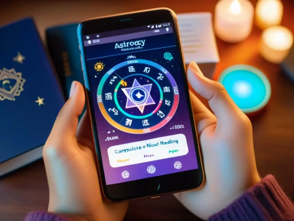 Manos sostienen smartphone con app de astrología para encontrar pareja ideal en acogedora habitación iluminada