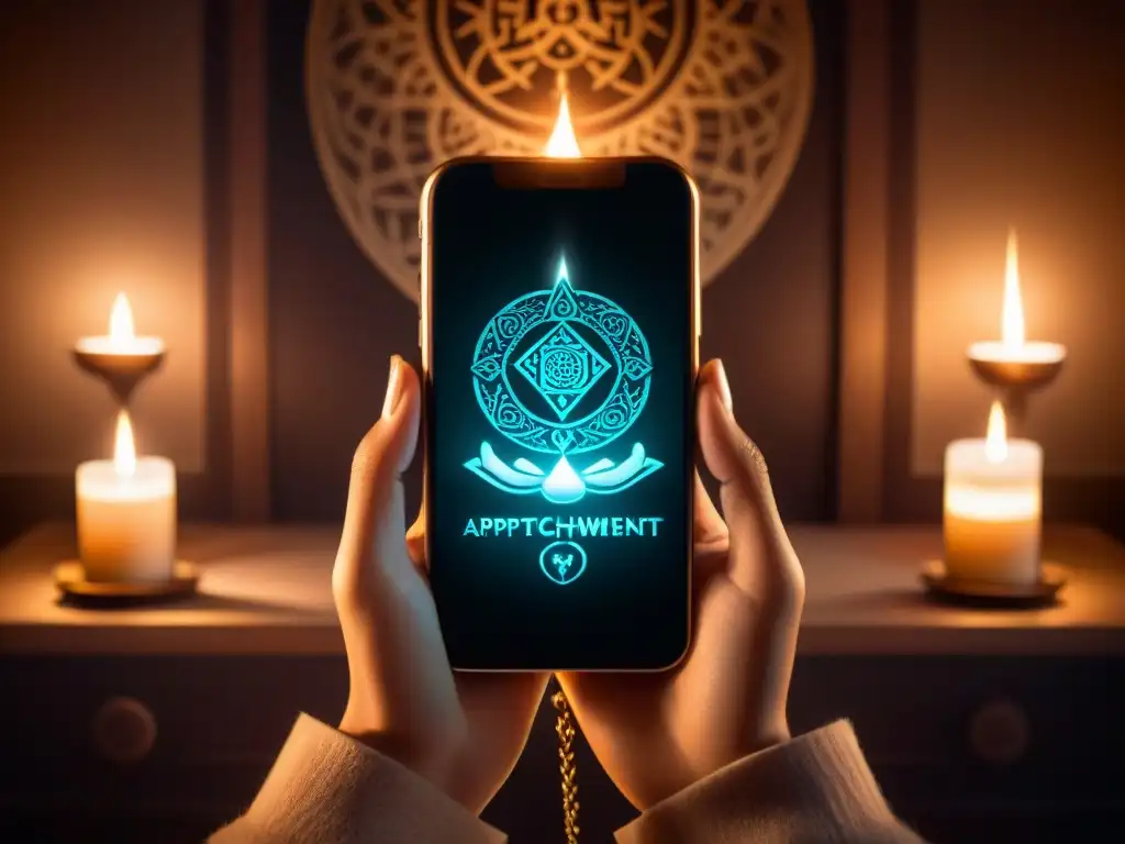 Manos sostienen smartphone con app de rituales de poder, símbolos místicos y velas, creando atmósfera misteriosa