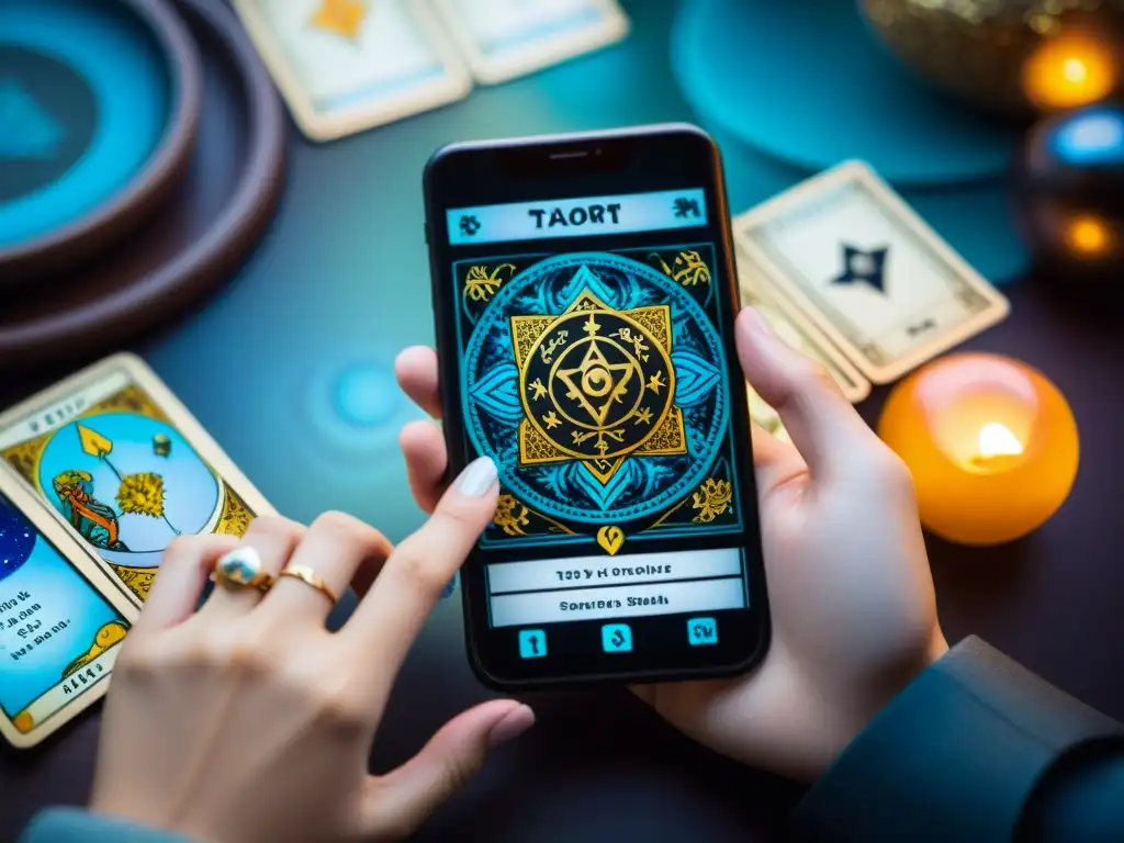 Manos sostienen smartphone con app de tarot, joyas y símbolos místicos