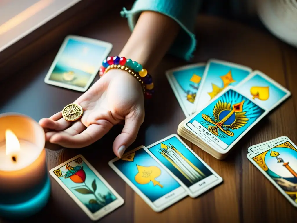 Manos mezclando tarot, detallando arte y símbolos