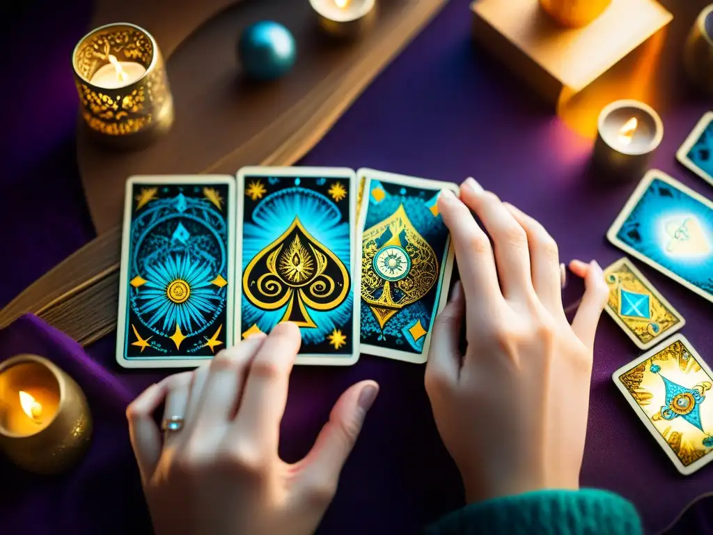 Manos barajando vibrantes cartas de tarot, con diseño místico y simbólico, en una atmósfera contemplativa