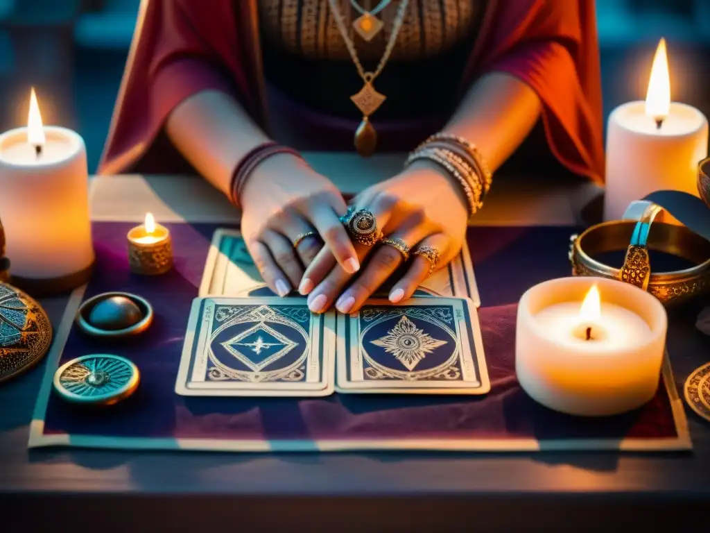 Las manos de una vidente con anillos y pulseras, leyendo cartas del tarot en una mesa iluminada por velas