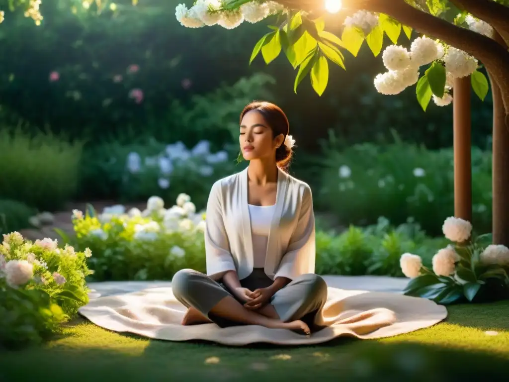 Meditación en jardín zen con mantras y afirmaciones en Rosacruz