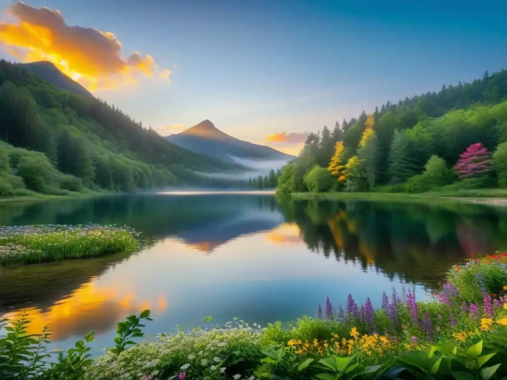 Mantras para una vida positiva: Amanecer sereno sobre un lago tranquilo, reflejando la luz dorada rodeado de naturaleza exuberante