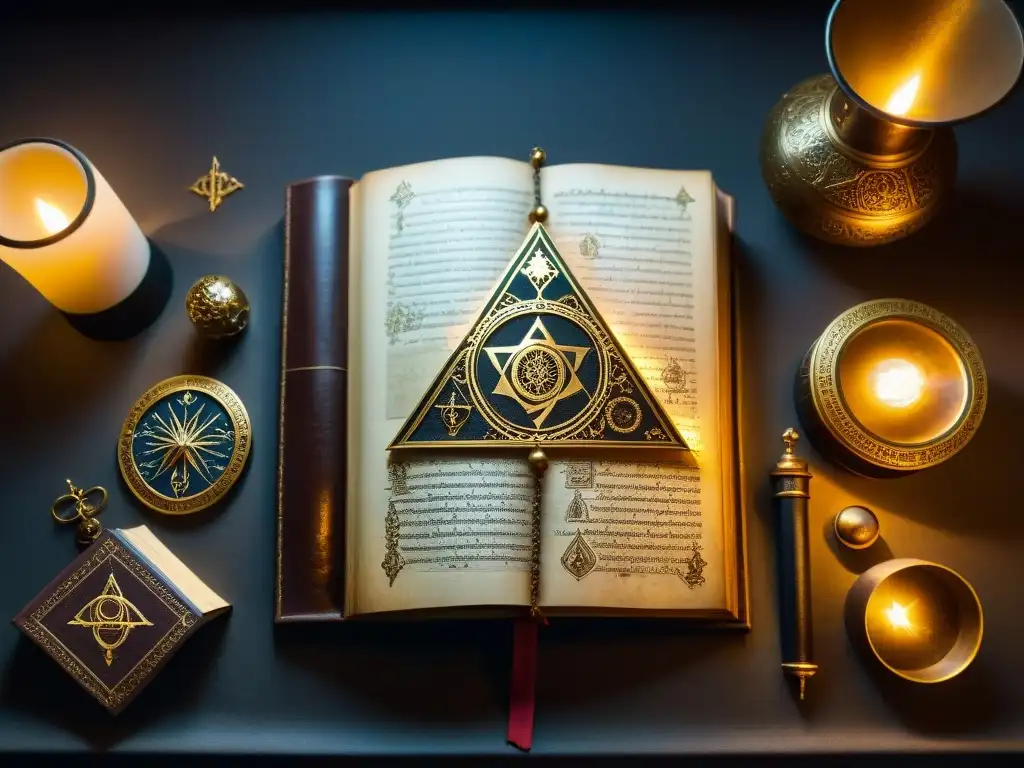 Manuscrito alquímico iluminado con detalles en pan de oro Manuscrito alquímico iluminado con detalles en hoja de oro, rodeado de símbolos antiguos en una habitación misteriosa