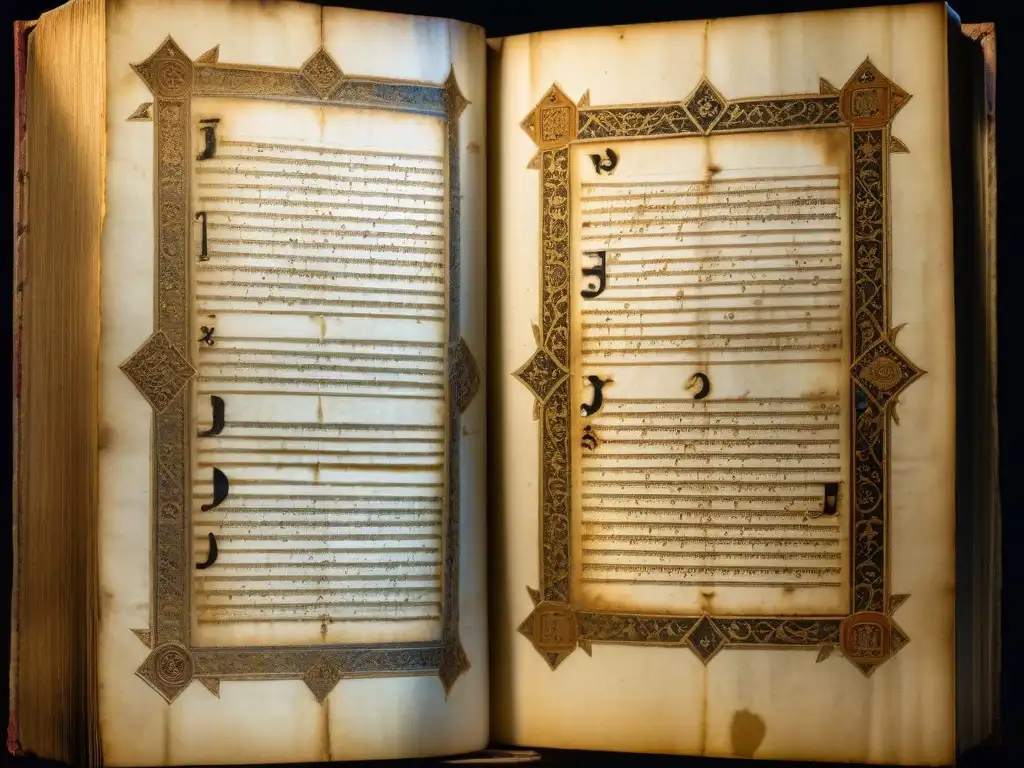 Un manuscrito antiguo y detallado en una biblioteca misteriosa iluminada por una luz tenue