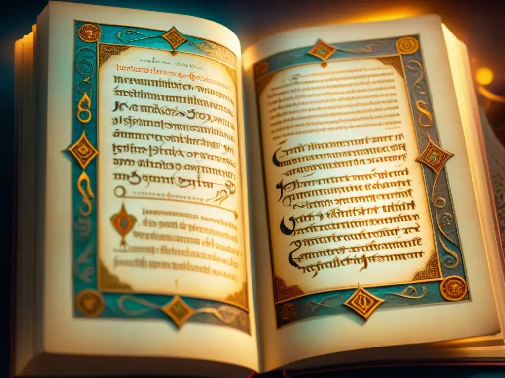 Un manuscrito antiguo iluminado con caligrafía intrincada y símbolos místicos, emanando un aura misteriosa y etérea