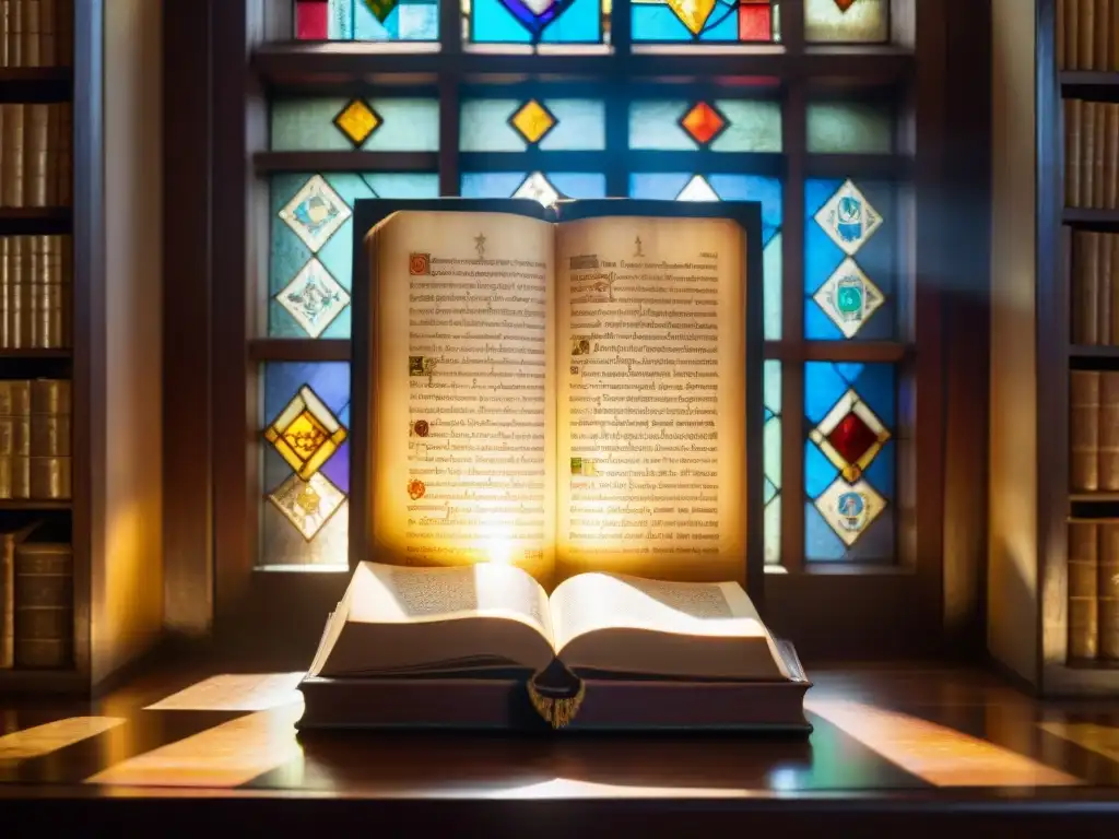 Un manuscrito rosacruz antiguo iluminado por la luz, en una biblioteca mística