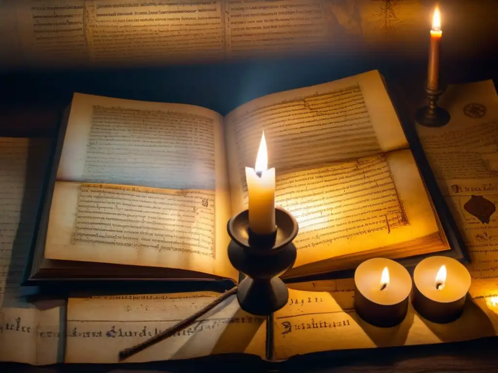 Un manuscrito antiguo iluminado por una vela en una habitación sombría llena de artefactos