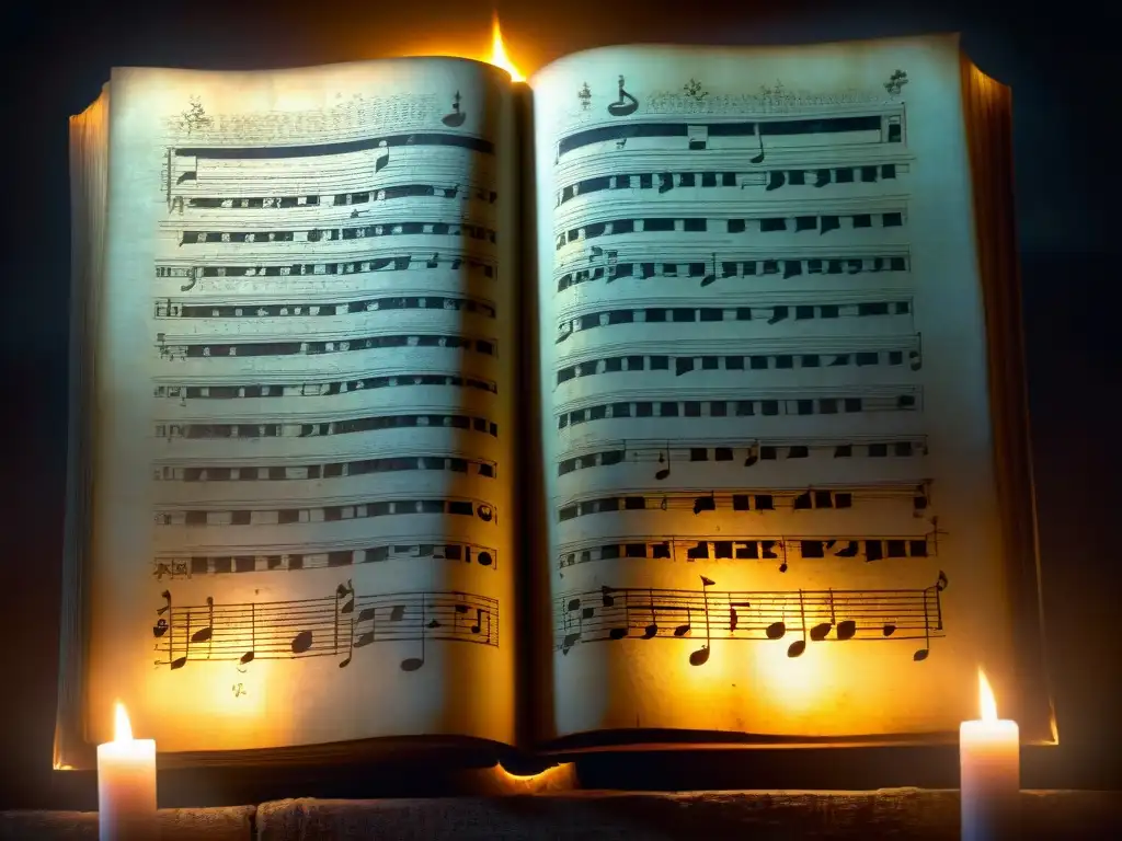 Manuscrito antiguo lleno de símbolos arcanos y notas musicales, iluminado por una tenue luz de vela