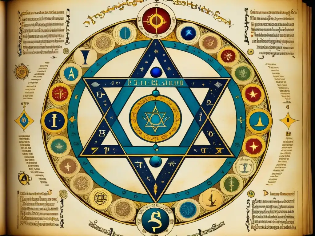 Manuscrito antiguo místico con Kabbalah, Astrología y Alquimia, símbolos y letras hebreas entrelazados