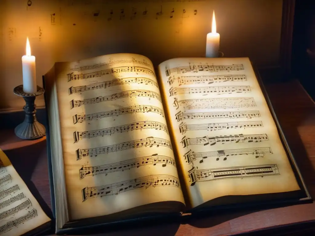 Un manuscrito antiguo con notaciones musicales misteriosas, iluminado por velas en una habitación ornada