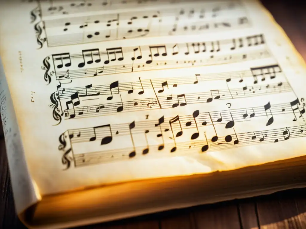 Un manuscrito antiguo con notas musicales iluminado por una luz mística, revelando la influencia de sociedades secretas en la música