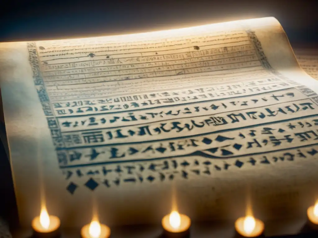 Manuscrito antiguo con símbolos y códigos secretos, iluminado en una habitación misteriosa