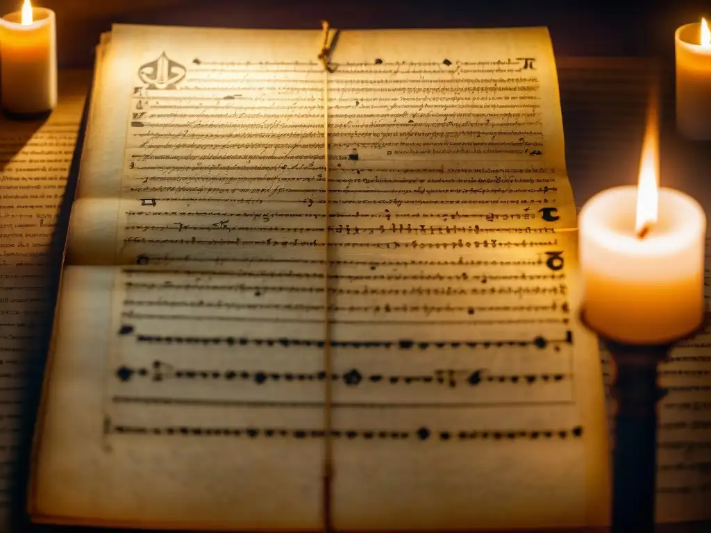 Un manuscrito antiguo con símbolos y diagramas iluminado por la luz de las velas en una habitación tenue