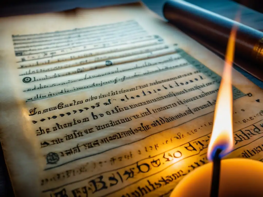 Un manuscrito antiguo con símbolos y diagramas esotéricos, iluminado por velas en una habitación tenue