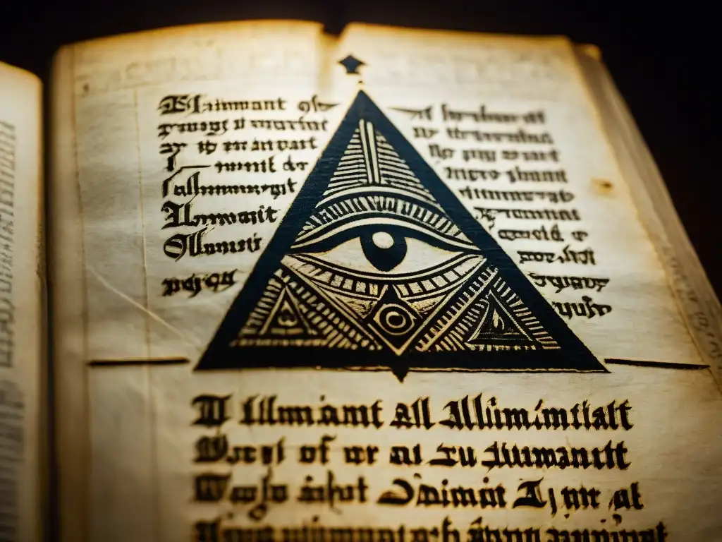 Manuscrito antiguo con símbolos enigmáticos iluminado por luz enigmática de Adam Weishaupt Illuminati legado enigmático