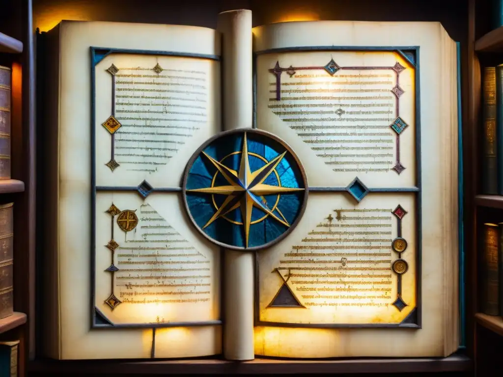 Manuscrito antiguo con símbolos esotéricos iluminado por luz en biblioteca misteriosa