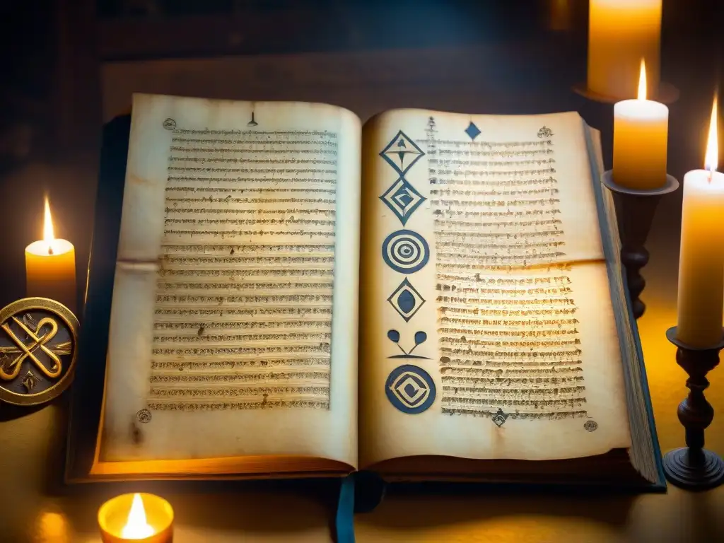 Un manuscrito antiguo con símbolos misteriosos iluminado por una tenue luz de vela