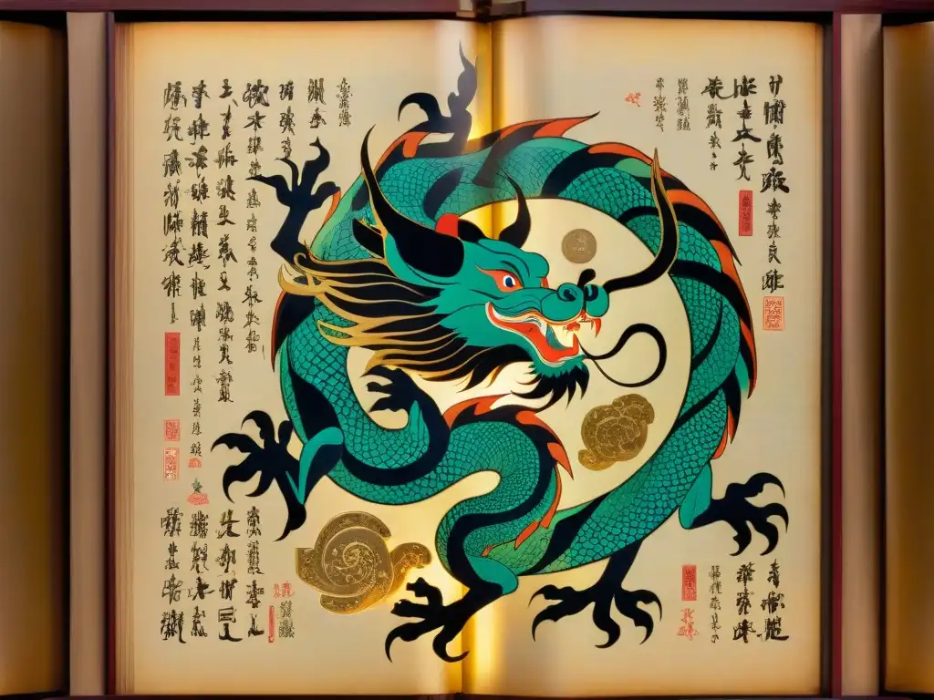 Un manuscrito iluminado antiguo con caligrafía china y criaturas míticas, dragones y seres celestiales, simbolizando la sabiduría del Tao Te Ching