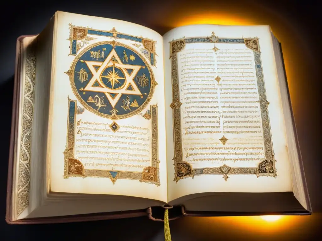 Un manuscrito intrincado y antiguo del Libro de Enoc, con páginas desgastadas y caligrafía detallando símbolos misteriosos