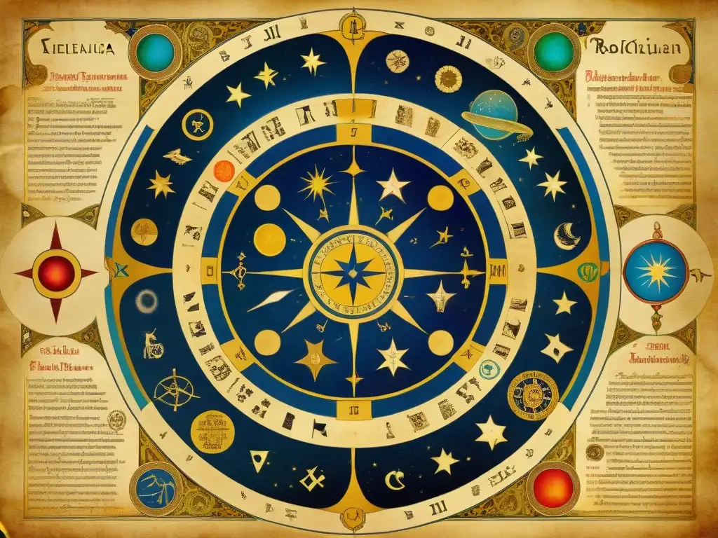 Manuscrito Rosacruz con mapa celestial, símbolos astrológicos en oro y pigmentos vibrantes